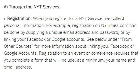 The New York Times Privacy Policy: Information collected through registration clause excerpt