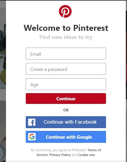 Screenshot of Pinterest login page and form