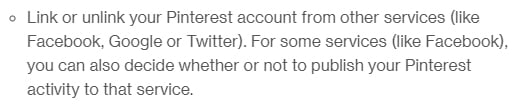 Pinterest Privacy Policy: Section about linking and unlinking third-party services