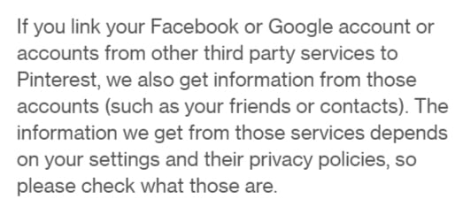 Pinterest Privacy Policy: Section about third party social logins and information