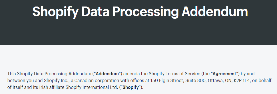 Screenshot of Shopify Data Processing Addendum introduction section