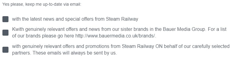 Steam Railway email sign-up form checkboxes