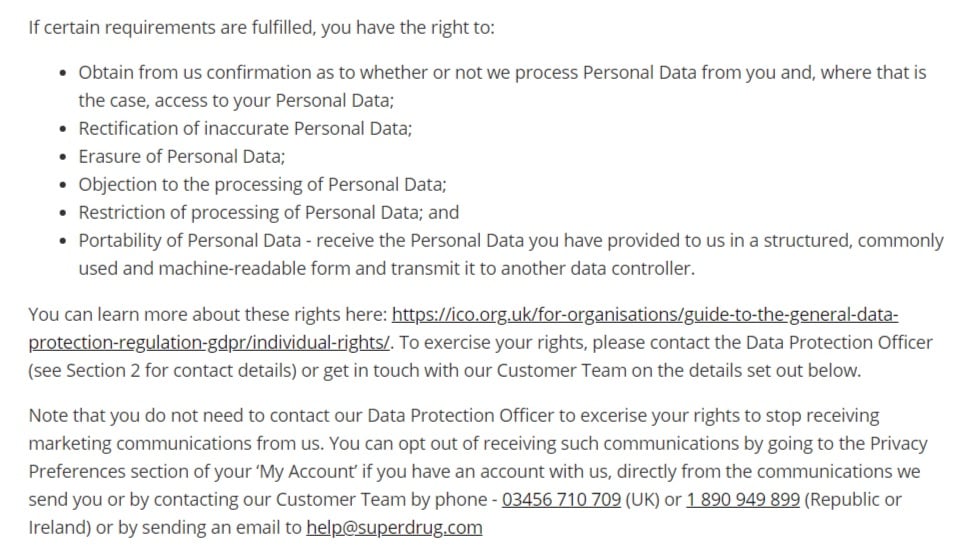 Superdrug Privacy Policy: Your Rights GDPR clause