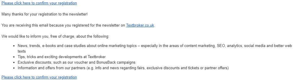 Email to confirm newsletter subscription from Textbroker