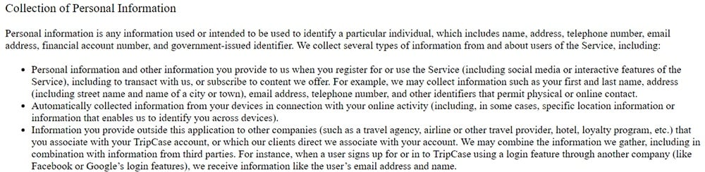 TripCase Privacy Statement: Collection of Personal Information clause