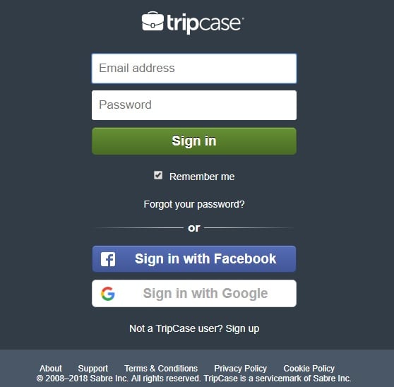 Screenshot of TripCase sign-in page