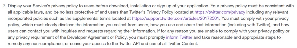 Twitter Developer Policy: Privacy Policy requirement clause