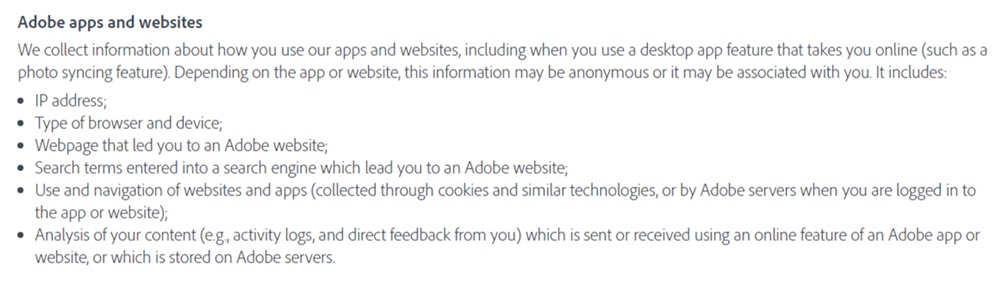 Adobe Privacy Policy: Information collected through Adobe apps and websites clause