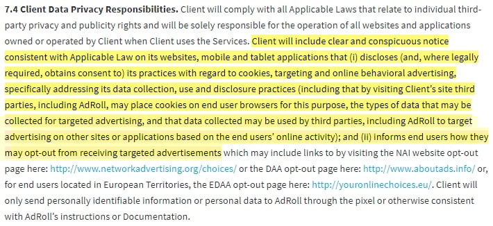 AdRoll Terms of Service: Client Data Privacy Responsibilities clause highlighted