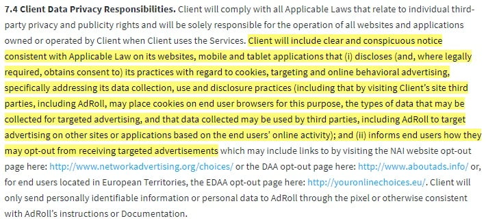 AdRoll Terms of Service: Client Data Privacy Responsibilities clause highlighted