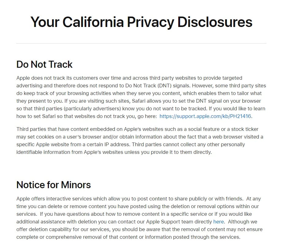 Apple California Privacy Disclosures for CalOPPA: Do Not Track and Notice for Minors clauses