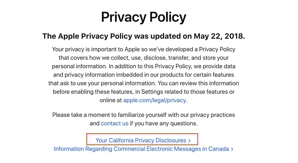 Apple Privacy Policy: Intro clause with California Privacy Disclosures link highlighted