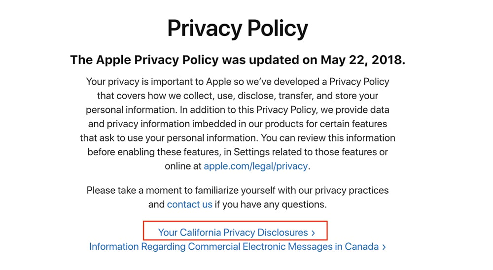 Apple Privacy Policy: Intro clause with California Privacy Disclosures link highlighted