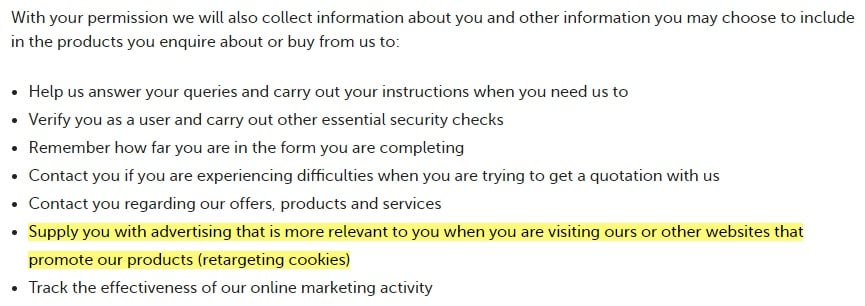 Direct Line Cookies Notice: Advertising and retargeting cookies section highlighted