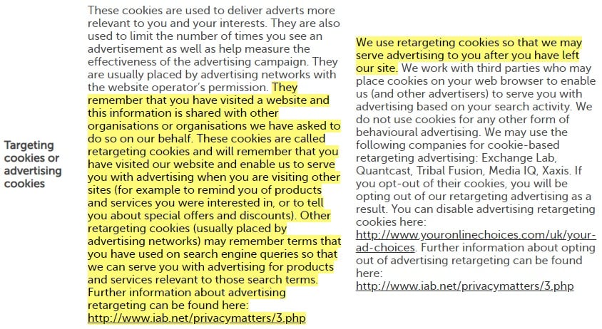 Direct Line Cookies Notice: Targeting cookies or advertising cookies clause highlighted