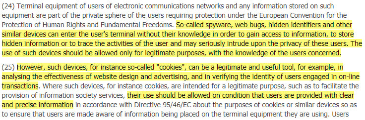 EUR-Lex ePrivacy Directive sections 24 and 25 highlighted