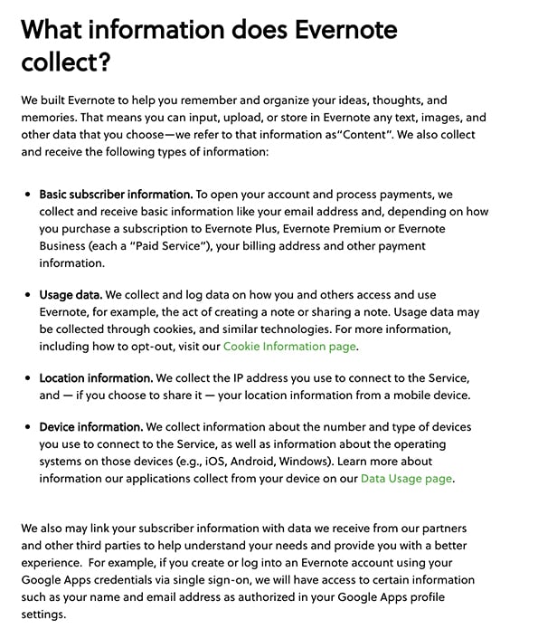 Evernote Privacy Policy: What information does Evernote collect clause