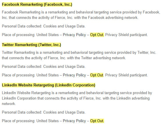 Fierce Cookie Policy: Remarketing and retargeting opt-out links highlighted