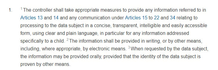 GDPR Info Article 12 Section 1: Privacy Policy requirement