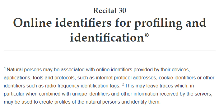 GDPR Info Recital 30: Online identifiers for profiling and identification