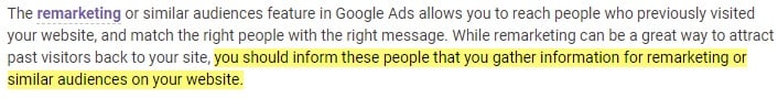 Google Ads Help: Excerpt of requirement to inform in your remarketing Privacy Policy