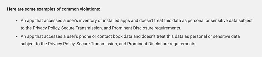 Google Play Privacy Security and Deception Policy: Examples of common violations section