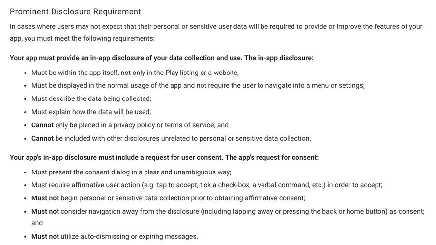 Google Play Privacy Security and Deception Policy: Prominent Disclosure Requirement clause