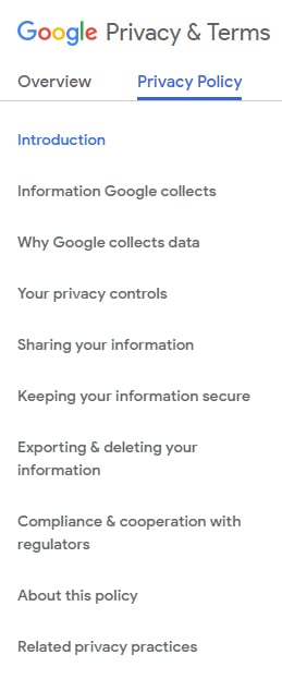 Contents menu of Google Privacy Policy