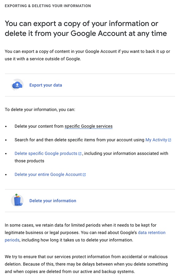 Google Privacy Policy: Export and delete your data clause