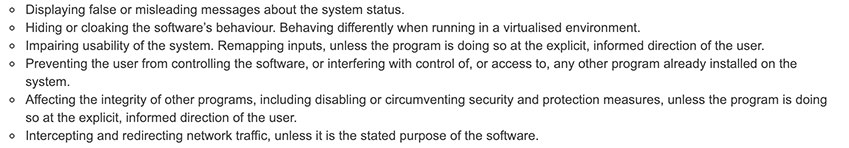 Excerpt of Clear Behavior clause of Google Unwanted Software Policy