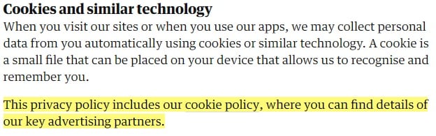 The Guardian Privacy Policy: Cookies and similar technology clause with cookie policy highlighted