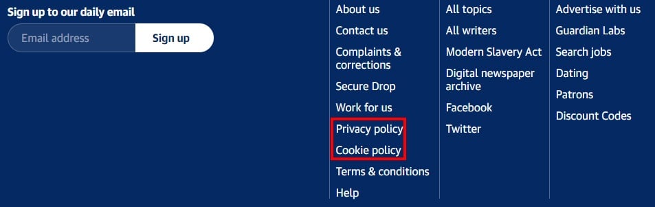 The Guardian website footer with Privacy and Cookie Policy links highlighted