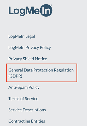 LogMeIn legal links menu with GDPR highlighted