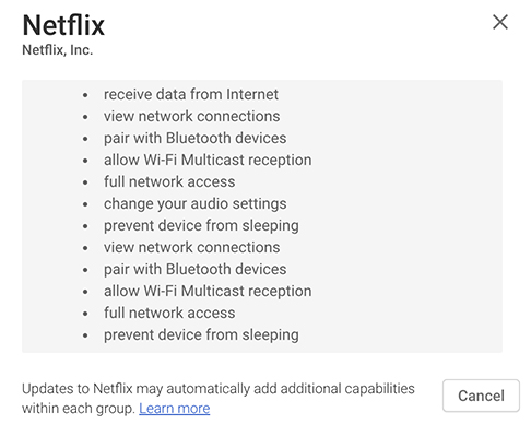 Screenshot of Netflix Google Play Store listing Permissions details