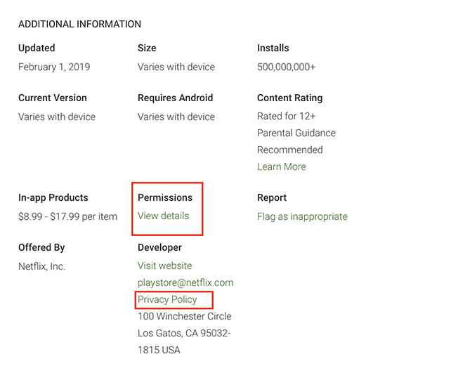 Netflix Google Play store listing with Privacy Policy and Permissions highlighted