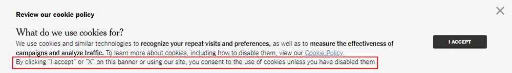 New York Times cookie consent banner highlighted