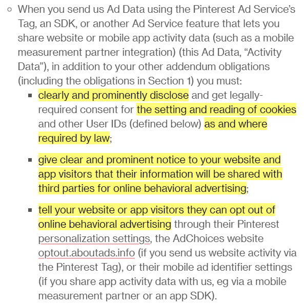 Pinterest Ad Data Terms: Pinterest Tag, App Activity and SDK clause highlighted