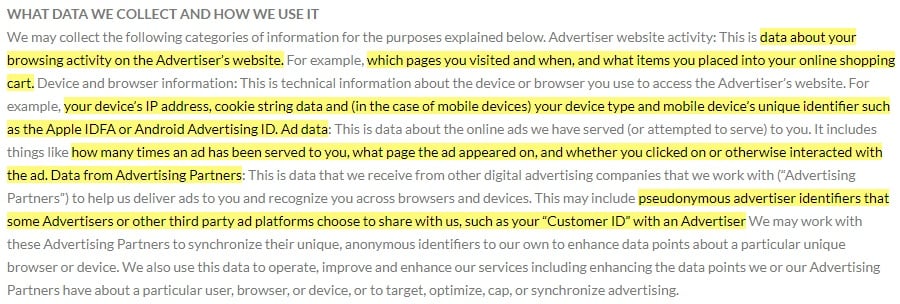 Source Knowledge Privacy Policy: What data we collect and how we use it clause highlighted