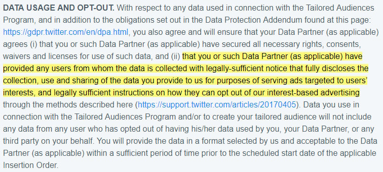 Twitter Master Services Agreement: Data Use and Opt-Out clause with targeted ads section highlighted