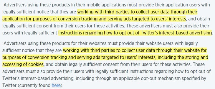 Twitter Policies for Conversion Tracking and Tailored Audiences: Requirements clause highlighted