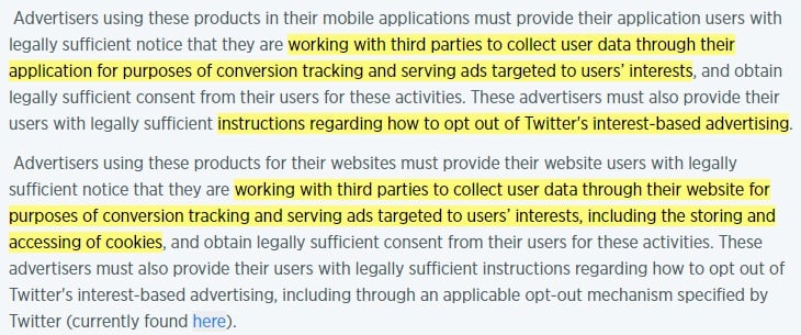 Twitter Policies for Conversion Tracking and Tailored Audiences: Requirements clause highlighted