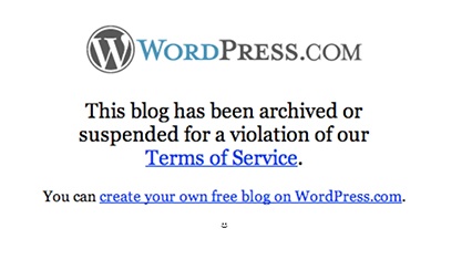 Screenshot of WordPress notice of violation of Terms of Service page