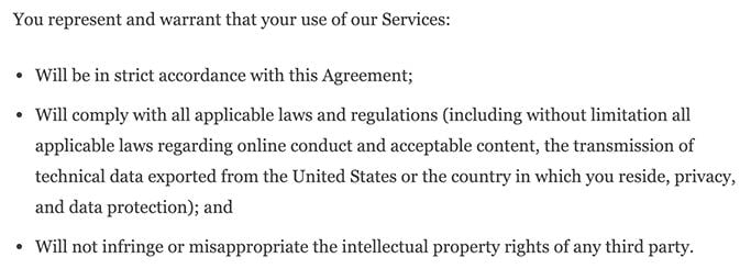 WordPress Terms of Service: General Representation and Warranty clause