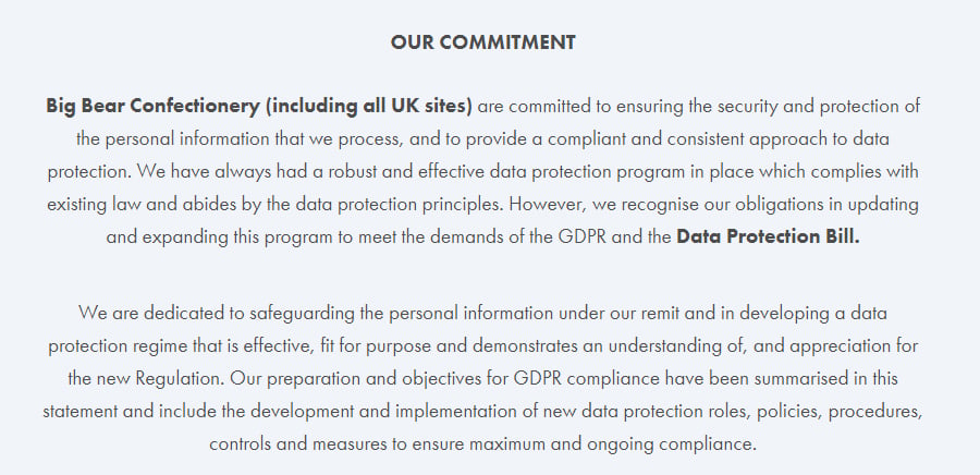 Big Bear Confectionery GDPR Compliance Statement - Commitment clause