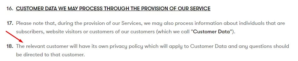 Drip Privacy Policy: Customer data processed through service clause