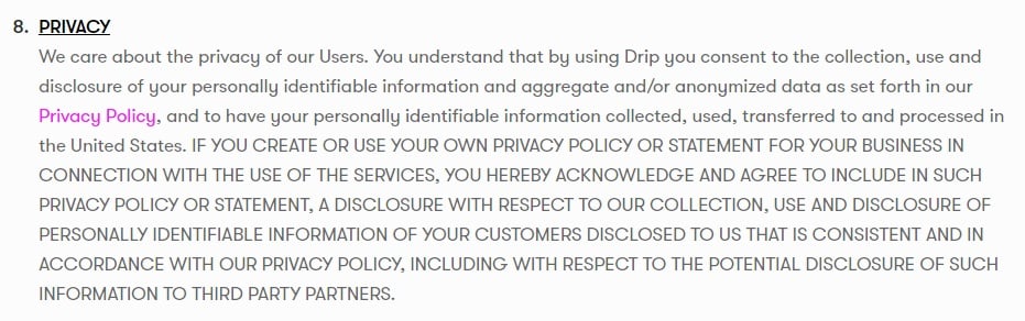 Drip Terms of Service: Privacy clause