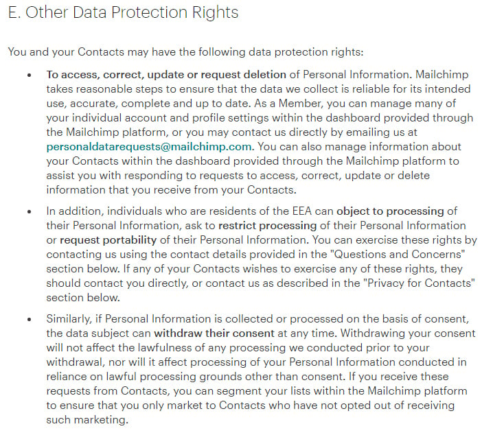 Mailchimp Privacy Policy for Members: Excerpt of Data Protection Rights clause