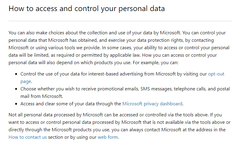 Microsoft Privacy Statement: How to Access and Control your Personal Data clause