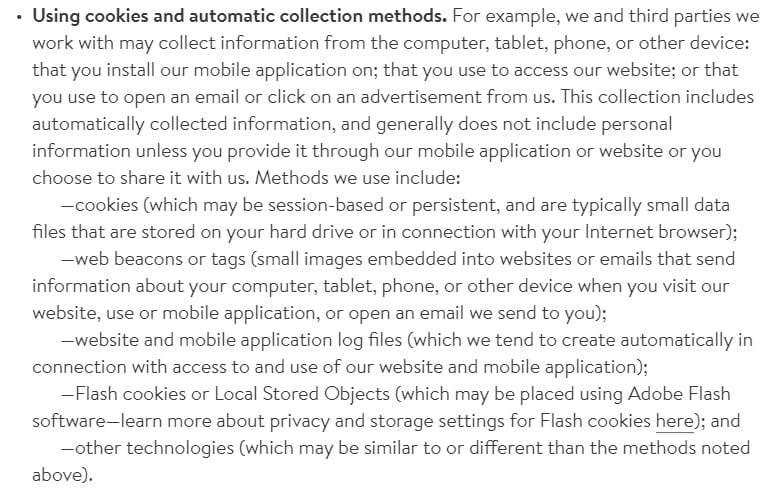 Nordstrom Privacy Policy: Using cookies and automatic collection methods clause