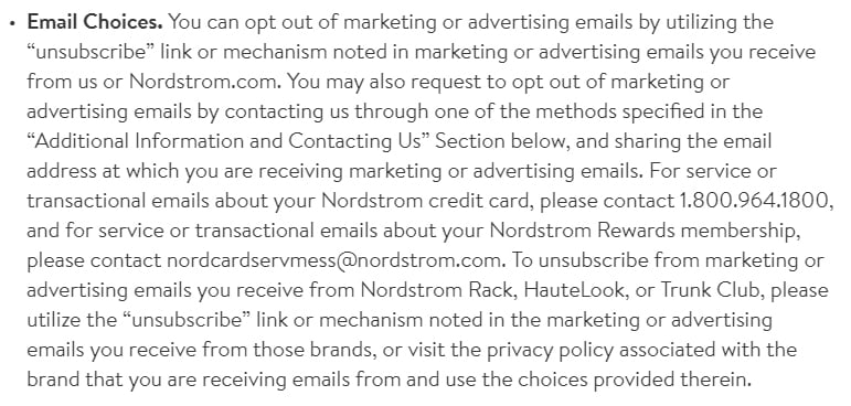 Nordstrom Privacy Policy: Email Choices clause